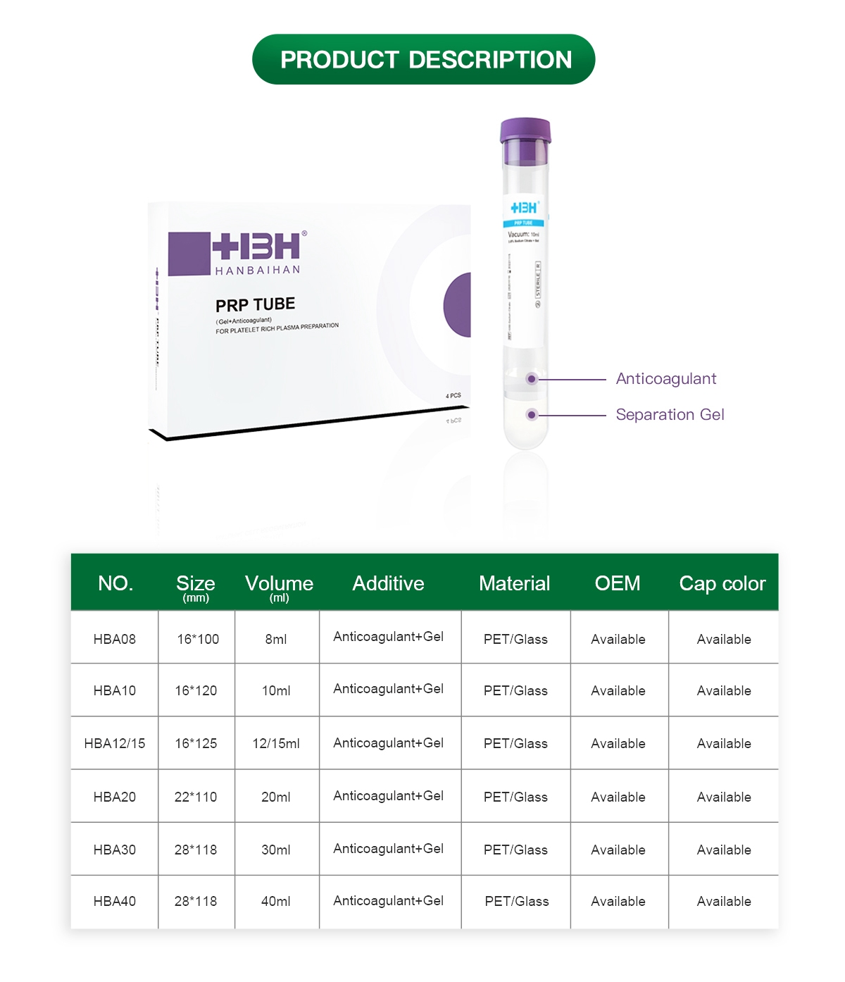 HBH PRP Tube 20ml with Anticoagulant and Separation Gel